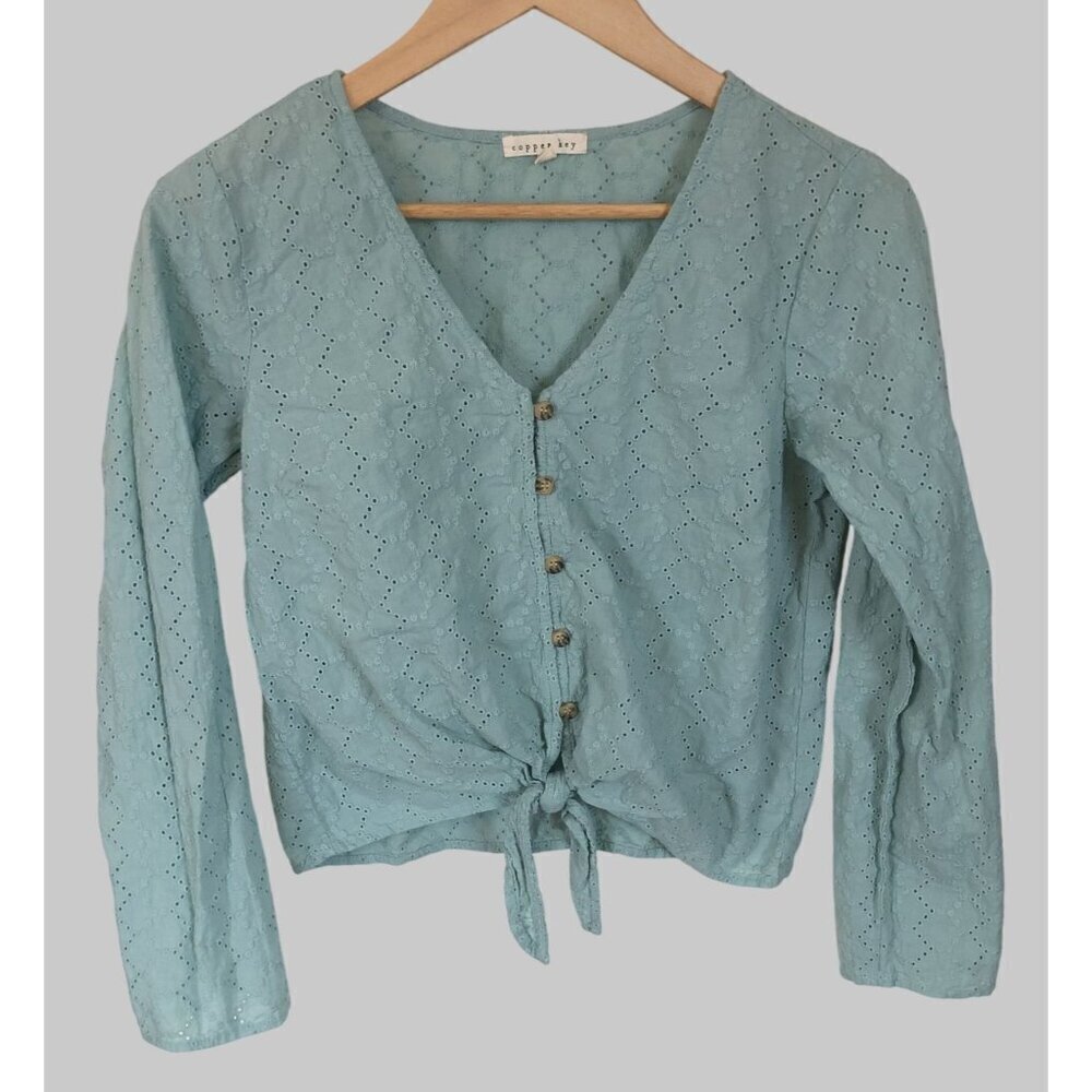 Copper Key Eyelet Tie-Front Blouse Womens M Button-up Boho Beachy Hippie Cottage